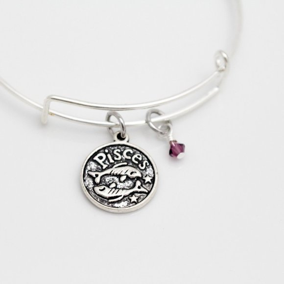 February Pisces Adjustable Charm Bangle - Handmade Zodiac Bracelet - Picture 7 of 11